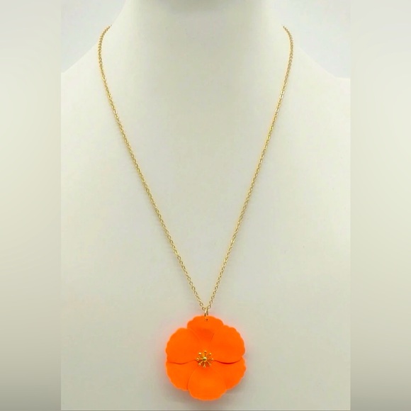 Neon Orange Flower Pendant Necklace - Picture 3 of 5